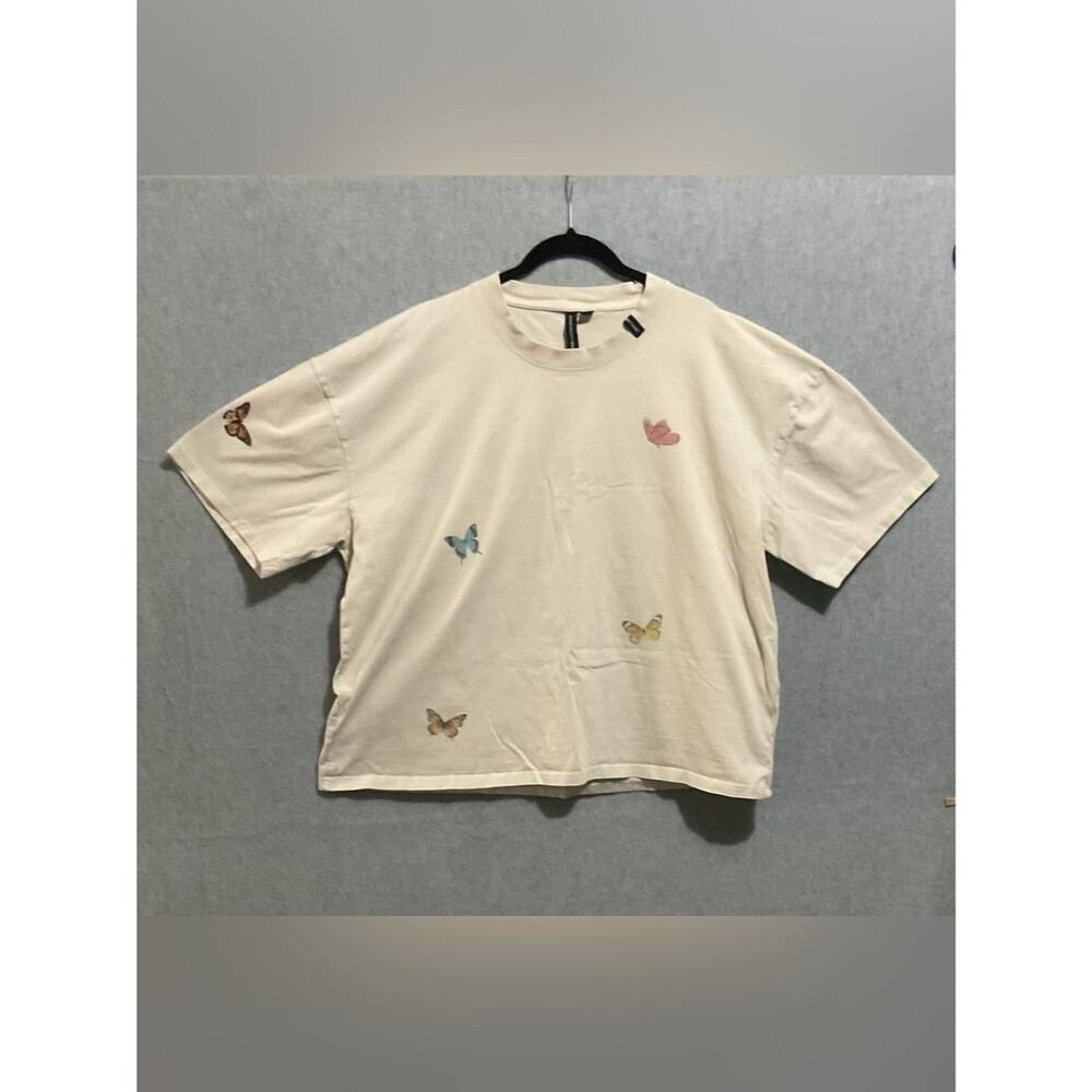 GOOD FOR NOTHING Oversized Butterfly Graphic T-Shirt XL Cream Cotton Streetwear